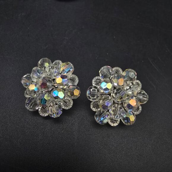 Aurora Borealis Glass Beaded Earrings Clip On Vintage Jewelry - Picture 1 of 5